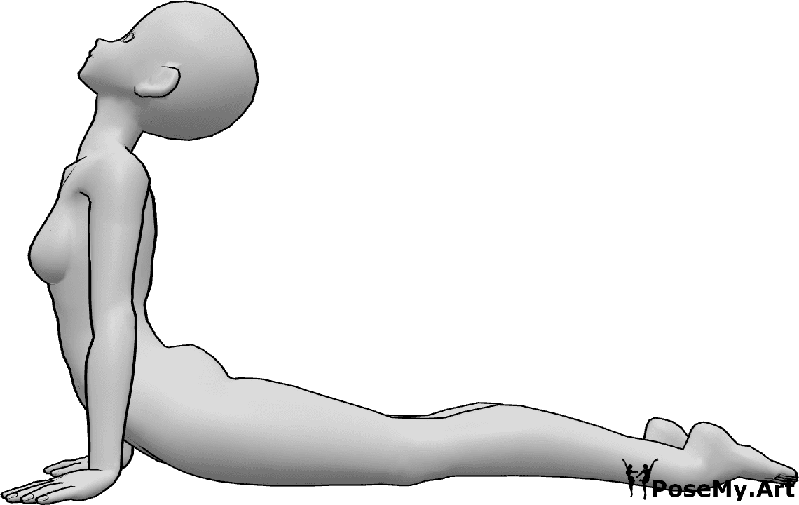 Référence des poses- Pose de yoga en position allongée - Femme en train de faire du yoga, allongée et s'étirant, regardant vers le haut.