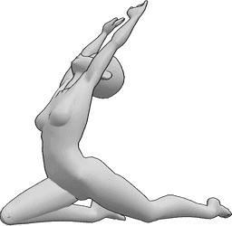 Référence des poses- Anime étirement pose de yoga - Une femme animée fait du yoga, s'agenouille et s'étire, en regardant vers le haut.