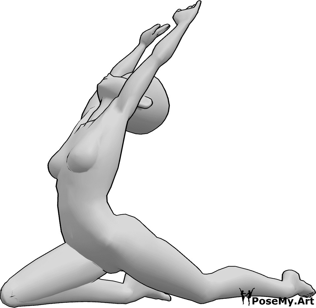 Référence des poses- Anime étirement pose de yoga - Une femme animée fait du yoga, s'agenouille et s'étire, en regardant vers le haut.