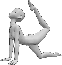 Referência de poses- Pose de ioga avançada de anime - Uma mulher anime está a fazer ioga, ajoelhada e a levantar a perna esquerda, olhando para cima