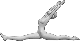 Referência de poses- Pose de yoga de anime split - Uma mulher anime está a praticar ioga, a fazer um split e alongamentos, olhando para cima