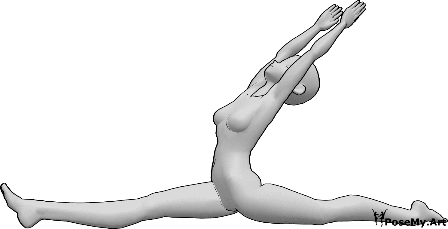 Posen-Referenz- Anime Split Yoga Pose - Anime-Frau macht Yoga, macht einen Spagat und dehnt sich, schaut auf