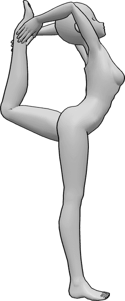 Referencia de poses- Postura anime de estiramiento de pie - Mujer anime está de pie y haciendo yoga, sosteniendo su pie izquierdo con ambas manos