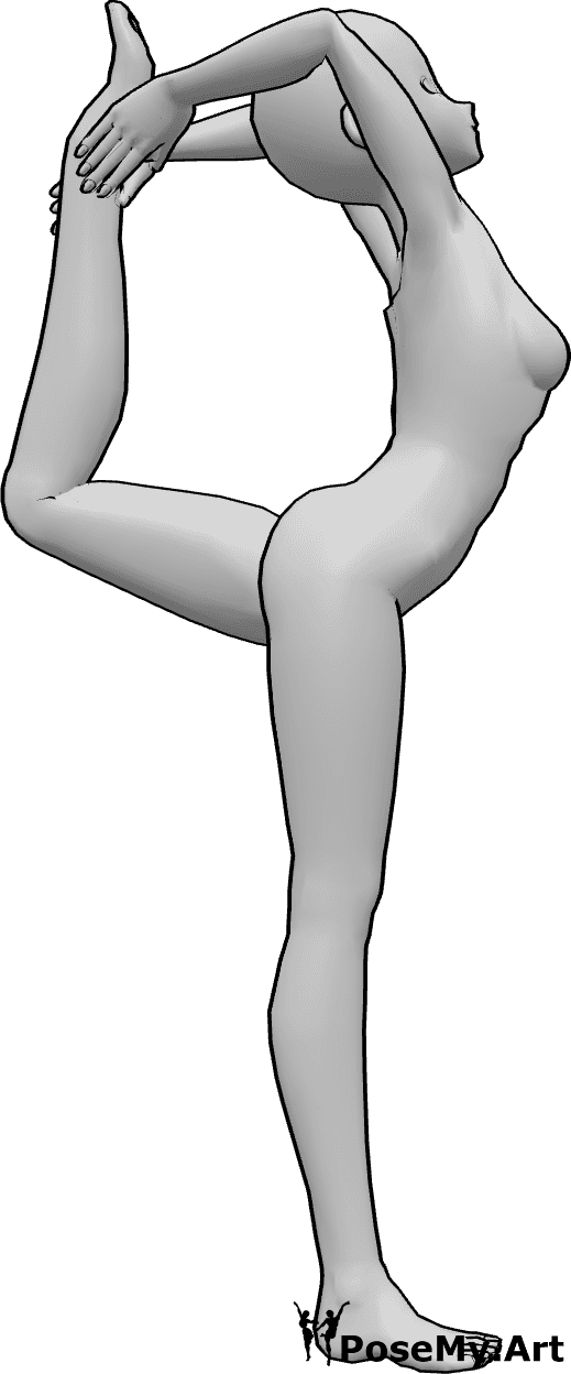 Referência de poses- Pose de alongamento de anime em pé - Uma mulher anime está de pé a fazer ioga, segurando o pé esquerdo com as duas mãos