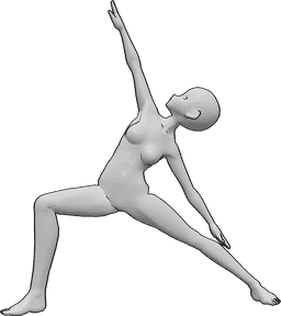 Riferimento alle pose- Posa yoga femminile Anime - Una donna animata fa yoga, stira le gambe e le braccia e guarda in alto.