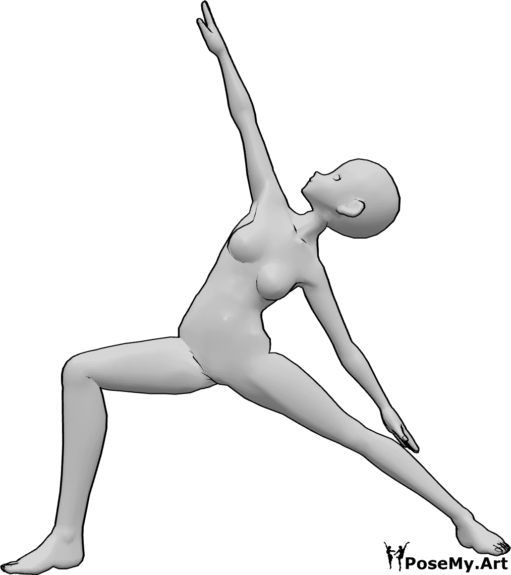 Referência de poses- Pose de ioga feminina de anime - Uma mulher anime está a fazer ioga, esticando as pernas e os braços e olhando para cima
