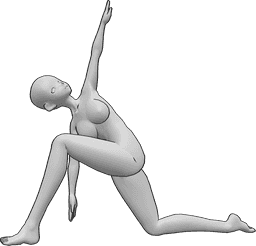 Referência de poses- Pose de ioga de anime ajoelhado - Uma mulher anime está a fazer ioga, ajoelhada e a esticar-se, levantando a mão esquerda e olhando para cima