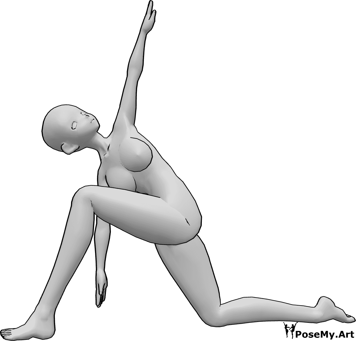 Posen-Referenz- Anime kniend Yoga-Pose - Anime-Frau macht Yoga, kniet und dehnt sich, hebt ihre linke Hand und schaut nach oben