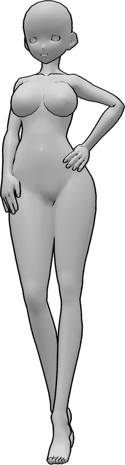 Referência de poses- Modelo de anime em pose - A mulher anime está de pé com a mão esquerda na anca, olhando para a frente