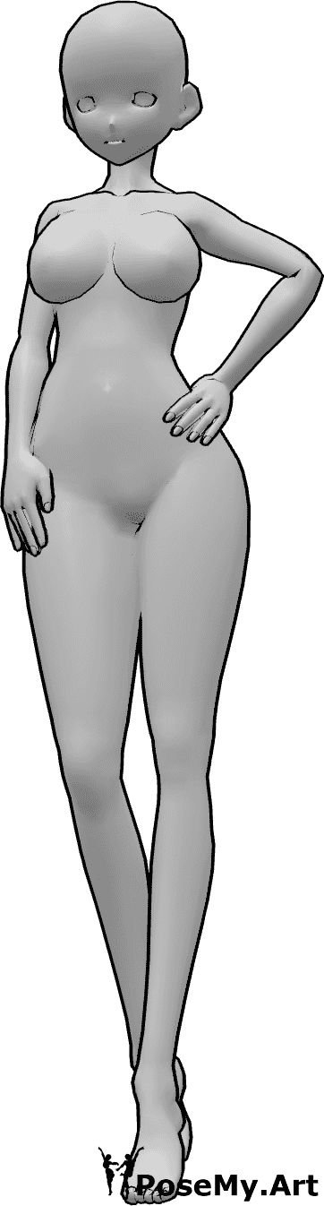 Referencia de poses- Modelo anime de pie - Mujer anime de pie con la mano izquierda en la cadera, mirando al frente