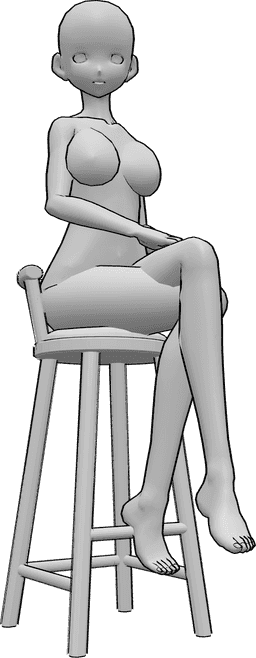 Référence des poses- Modèle d'anime assis - Une femme animée est assise sur un tabouret de bar, les jambes croisées et regardant vers la droite.