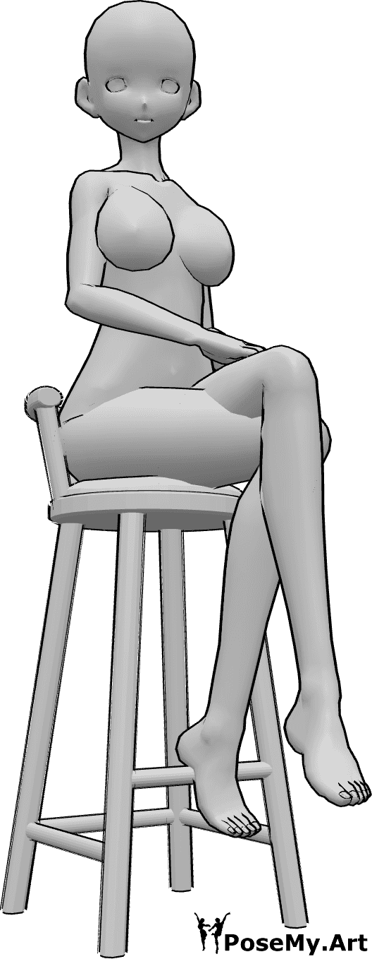 Referência de poses- Modelo de anime em pose sentada - Uma mulher anime está sentada num banco de bar com as pernas cruzadas e a olhar para a direita