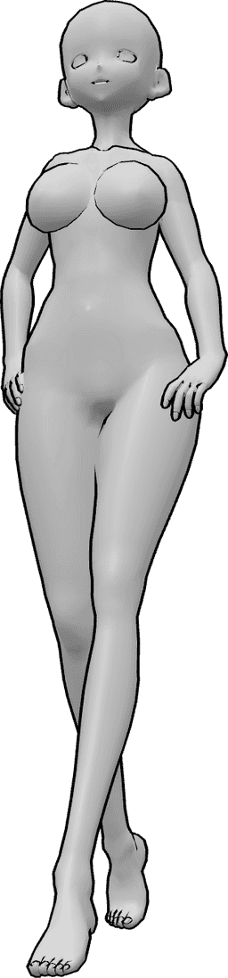Referência de poses- Modelo de anime em pose de marcha - A mulher anime caminha com as mãos nas ancas, olhando para a frente