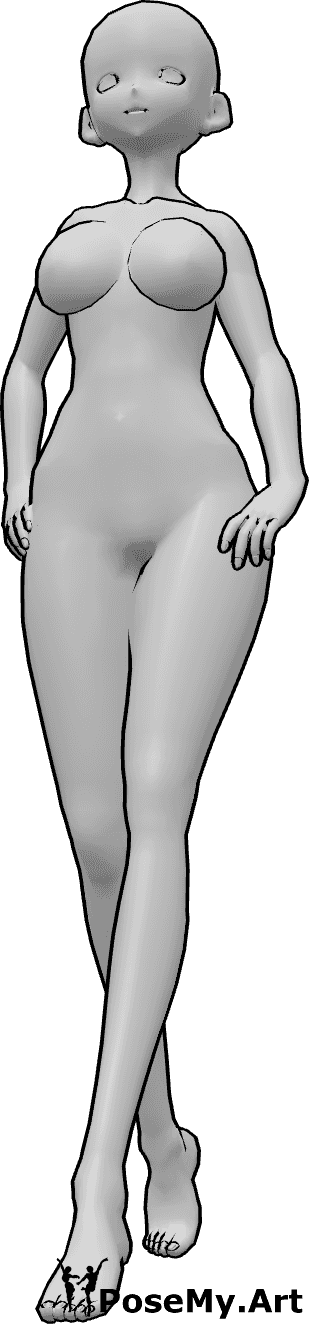 Referência de poses- Modelo de anime em pose de marcha - A mulher anime caminha com as mãos nas ancas, olhando para a frente