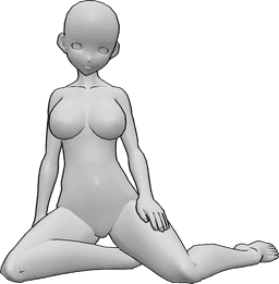 Posen-Referenz- Anime-Modell kniend Pose - Anime-Frau sitzt auf ihren Knien und posiert, schaut nach vorne