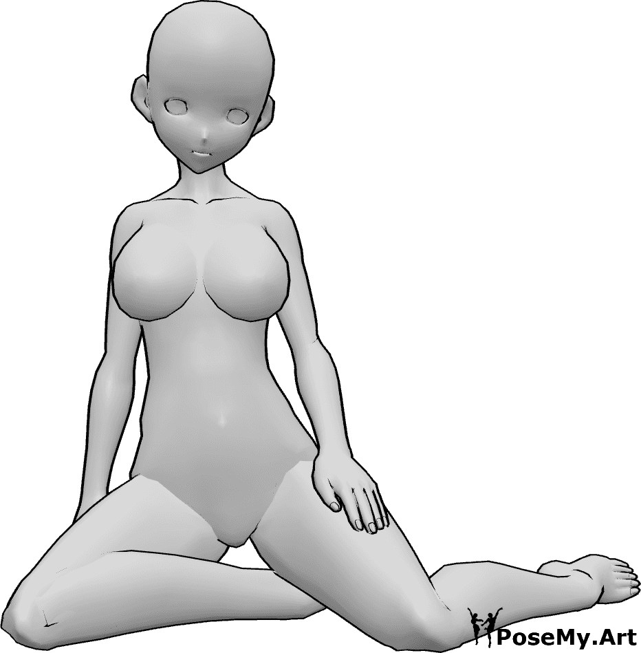 Referencia de poses- Modelo anime en pose arrodillada - La mujer anime está sentada de rodillas y posando, mirando hacia delante