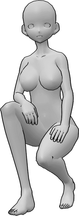 Referencia de poses- Modelo anime en cuclillas - Anime femenino está en cuclillas y mirando hacia adelante, anime modelo en cuclillas pose