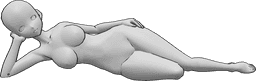 Referência de poses- Modelo de anime em pose deitada - Anime feminino deitado e a posar, apoiado no cotovelo e a olhar para a frente
