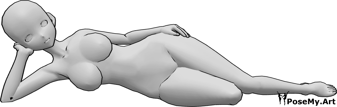 Referência de poses- Modelo de anime em pose deitada - Anime feminino deitado e a posar, apoiado no cotovelo e a olhar para a frente