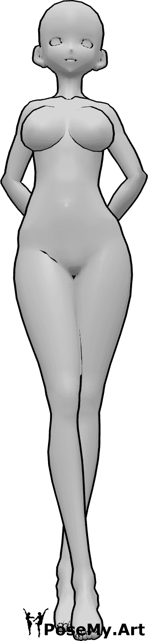 Riferimento alle pose- Posa a gambe incrociate in stile anime - La donna antropomorfa è in piedi con le gambe incrociate e le mani dietro la schiena.