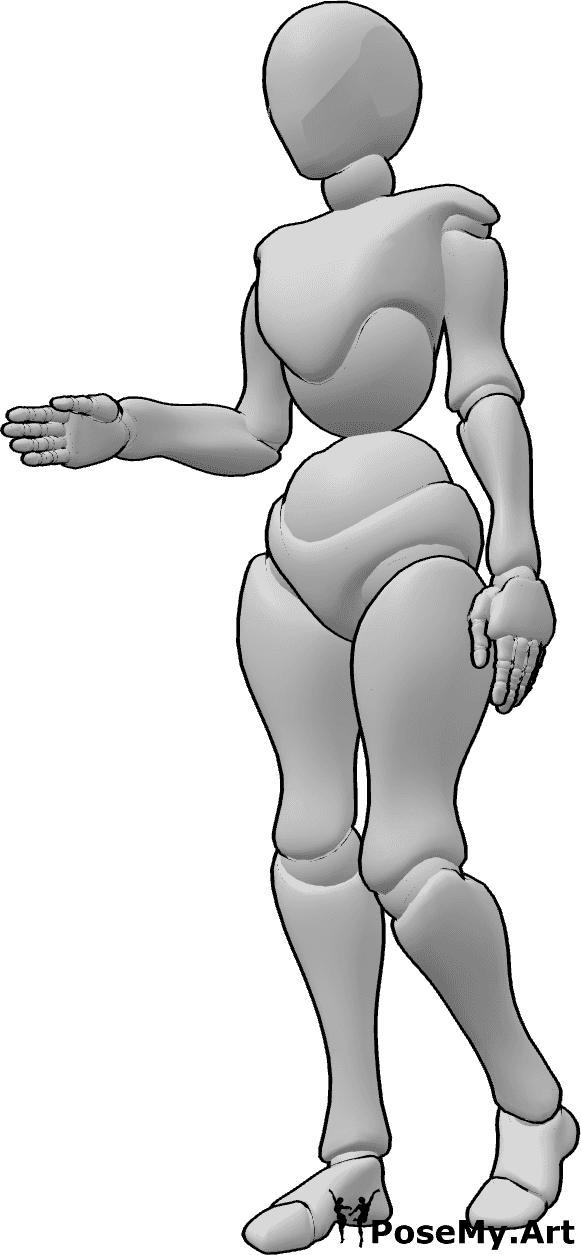 Posen-Referenz- Weibliche Händedruck-Pose - Frau begrüßt jemanden und streckt ihre rechte Hand zum Händedruck aus