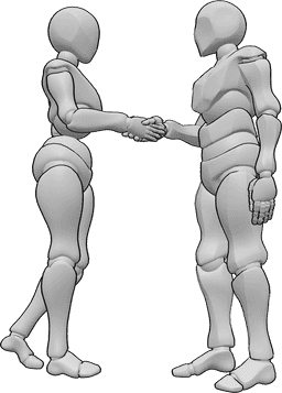 Posen-Referenz- Händedruck-Pose - Frau und Mann begrüßen sich, schütteln sich die Hände und schauen sich in die Augen