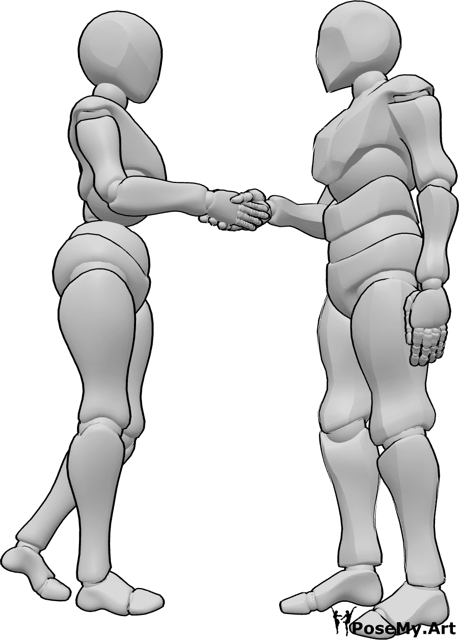 Riferimento alle pose- Posa della stretta di mano - Una donna e un uomo si salutano, si stringono la mano e si guardano negli occhi.