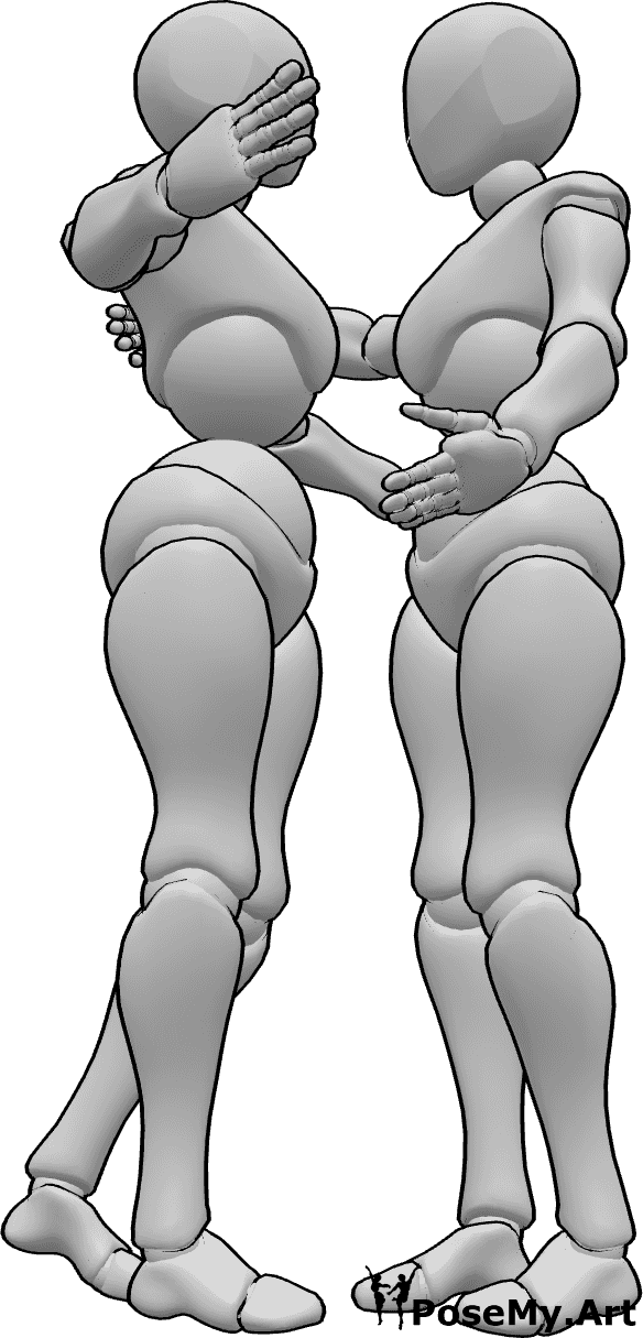 Riferimento alle pose- Posa femminile di abbraccio - Due donne si salutano con un abbraccio, allargando le braccia.