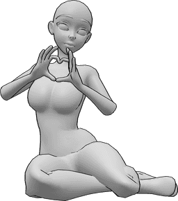 Posen-Referenz- Anime kniende Herz-Pose - Anime-Frau sitzt auf ihren Knien und macht ein Herz mit ihren Händen