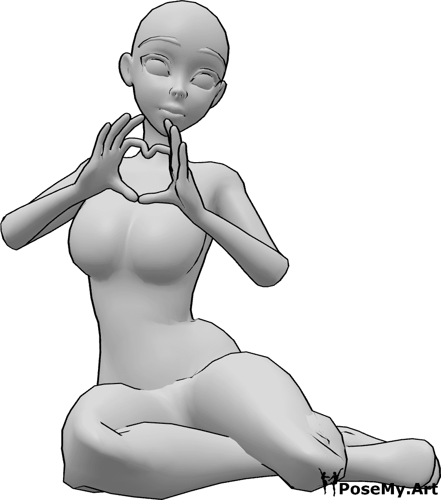 Posen-Referenz- Anime kniende Herz-Pose - Anime-Frau sitzt auf ihren Knien und macht ein Herz mit ihren Händen
