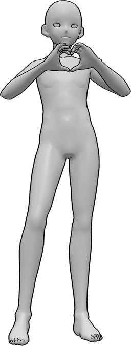 Posen-Referenz- Männliche stehende Herz-Pose - Anime-Männchen steht und macht ein Herz mit seinen Händen