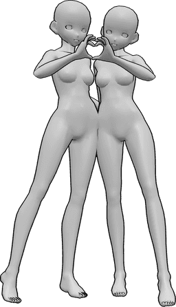 Référence des poses- Anime femelles pose coeur - Deux femmes animées se tiennent debout et font un cœur avec leurs mains.