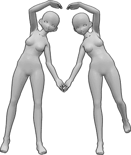 Posen-Referenz- Anime Herz Pose - Zwei Anime-Frauen bilden ein Herz mit ihren Armen