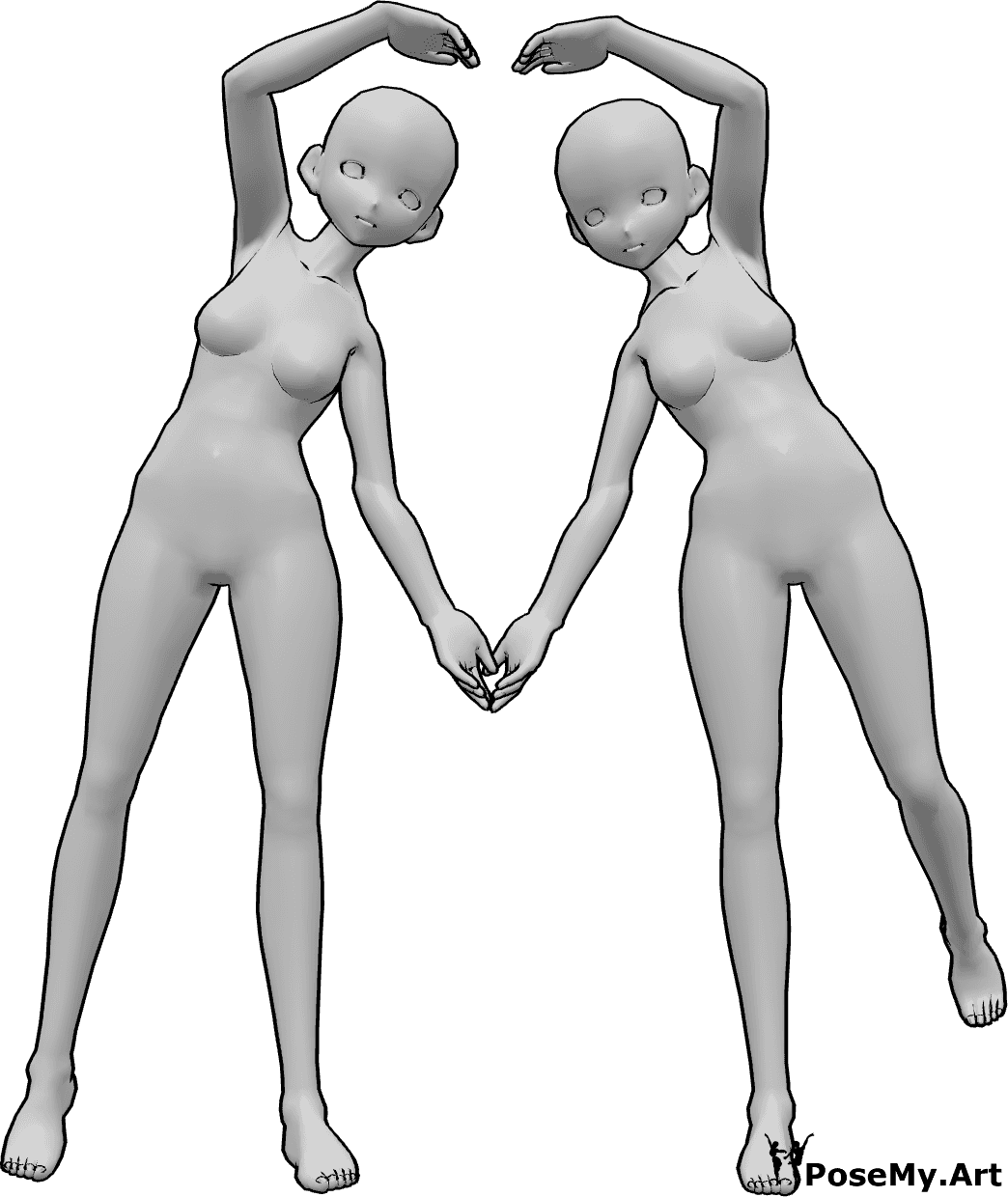 Referência de poses- Pose de coração de anime - Duas mulheres anime estão a fazer um coração com os braços