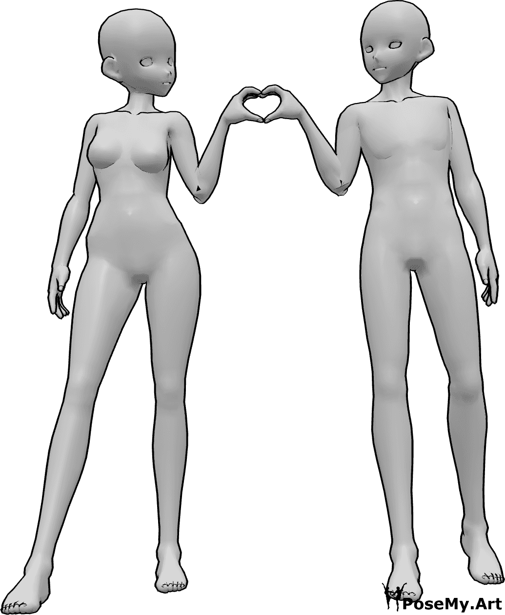 Referencia de poses- Postura de corazón femenino masculino - Anime femenino y masculino están de pie uno al lado del otro y haciendo un corazón con sus manos