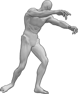 Referencia de poses- Zombie caminando persiguiendo pose - El zombi está caminando, persiguiendo lentamente a alguien, arrastrando los pies y llevando las manos hacia delante