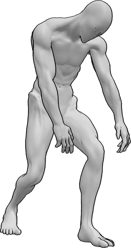 Referência de poses- Pose de zombie walking - O zombie está a andar, com as mãos e a cabeça penduradas, arrastando-se lentamente