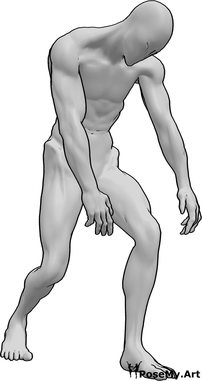 Referencia de poses- Postura de zombie andante - El zombi camina, sus manos y su cabeza cuelgan, se arrastra lentamente