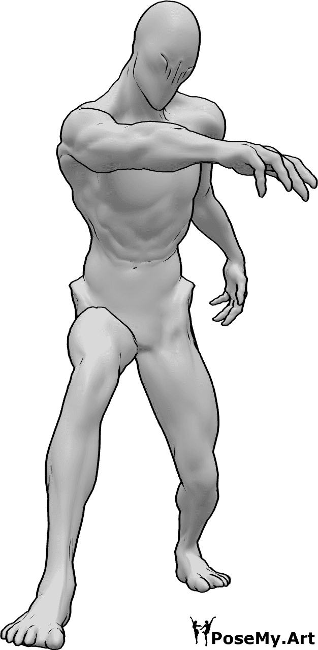 Posen-Referenz- Zombie-Griff-Pose - Zombie läuft, jagt jemanden und streckt seine rechte Hand aus, um ihn zu erreichen