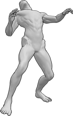 Référence des poses- Pose de transformation d'un zombie - Le zombie se transforme, son corps et sa tête sont courbés vers l'arrière et il boitille avec ses mains.
