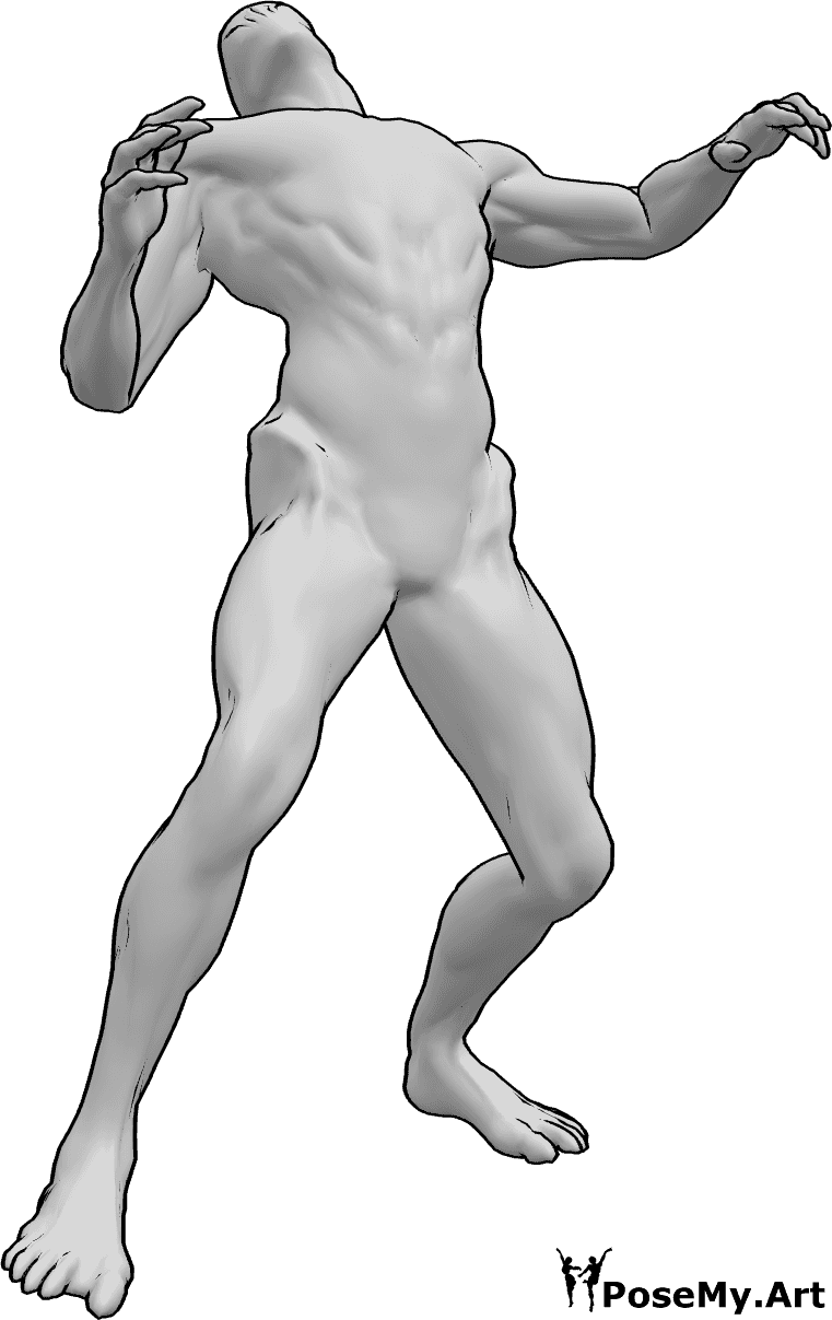Referencia de poses- Postura de transformación de zombi - El zombi se está transformando, su cuerpo y su cabeza están doblados hacia atrás y cojea con las manos