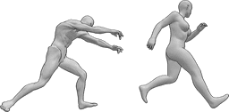 Référence des poses- Femme poursuivant un zombie - Un zombie poursuit une femme qui tente de lui échapper.