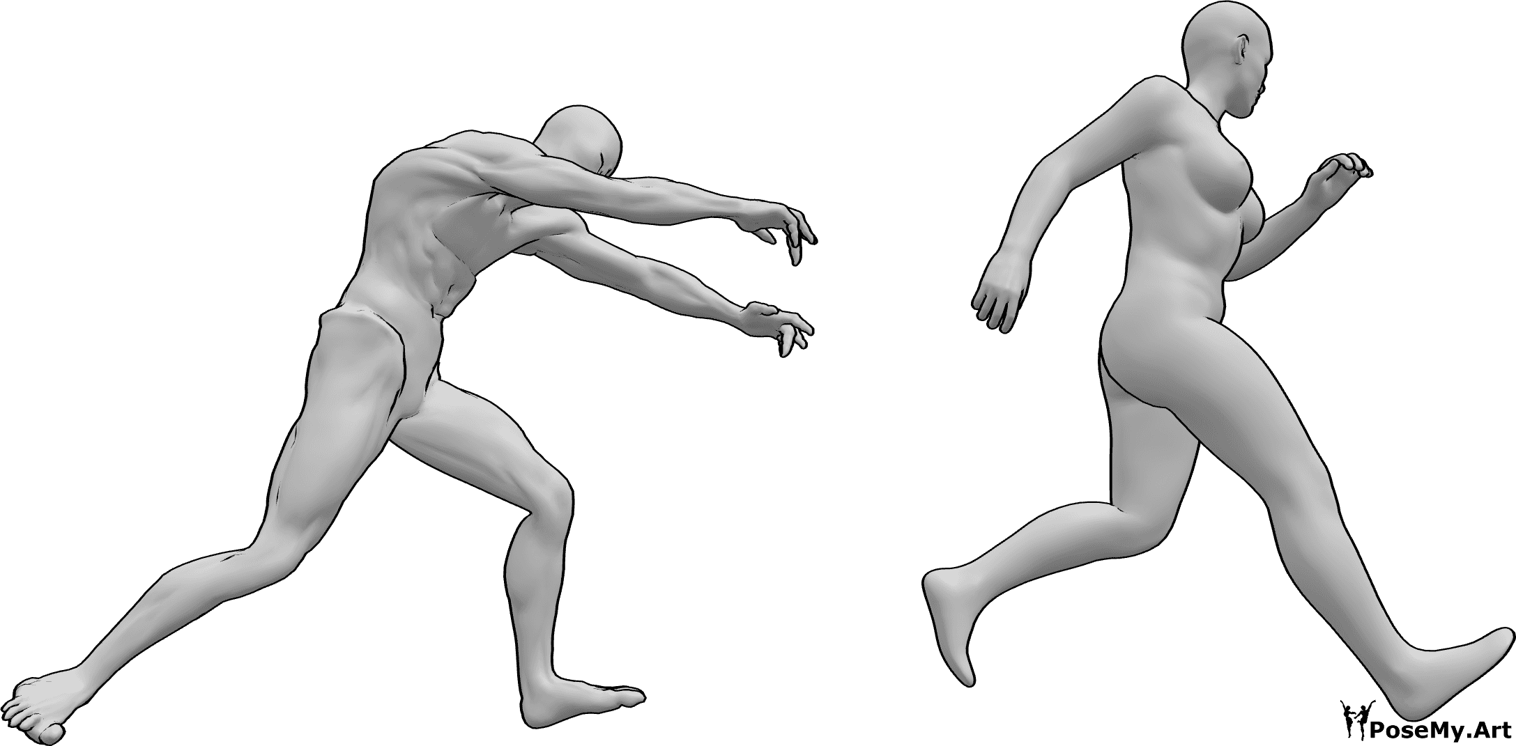 Posen-Referenz- Zombie jagt weibliche Pose - Zombie jagt eine Frau, die versucht, vor ihm wegzulaufen