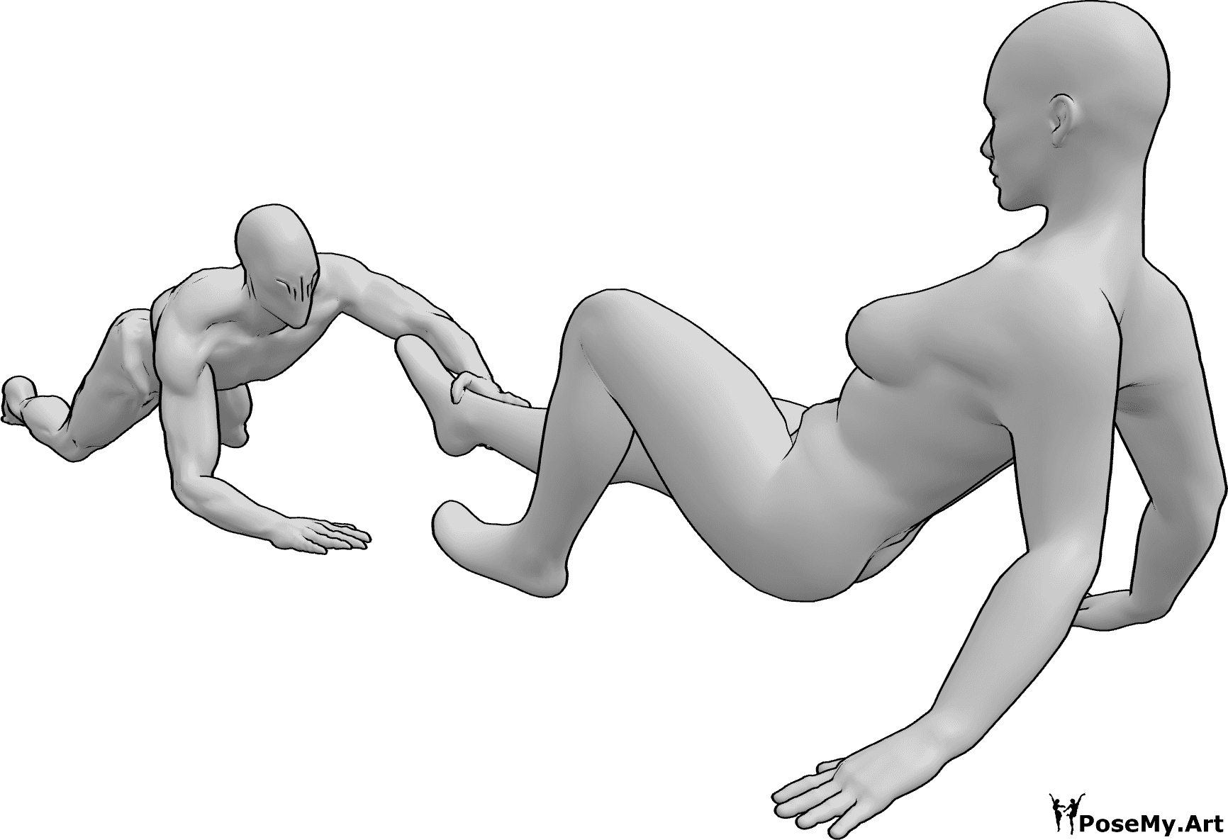 Référence des poses- Zombie attrape femme pose - Le zombie attrape la jambe de la femme, qui tente de se libérer.