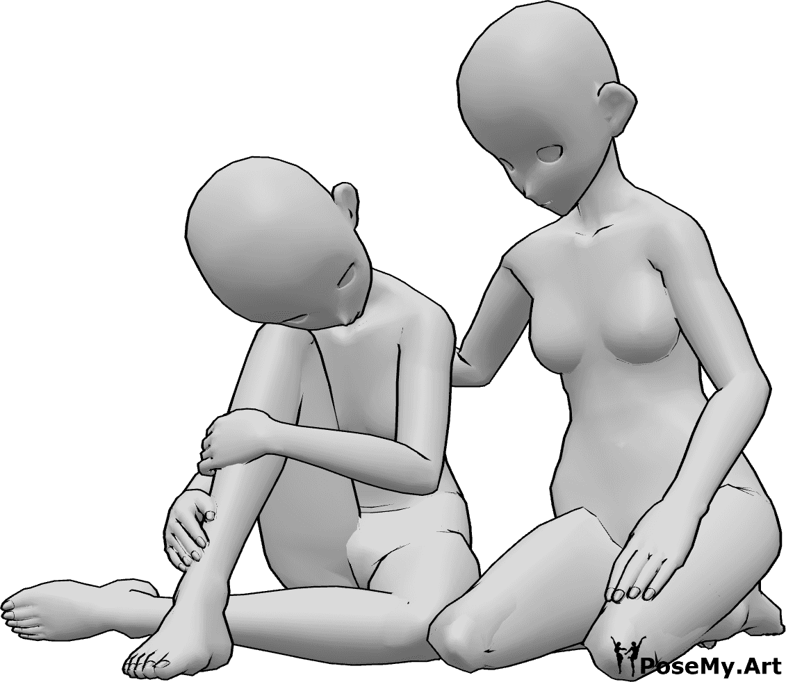 Posen-Referenz- Anime traurig sitzende Pose - Eine traurige Anime-Frau sitzt, eine andere Frau sitzt neben ihr und legt ihre Hand auf ihre Schulter