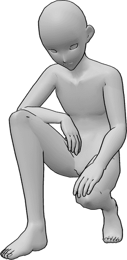 Référence des poses- Anime sad squatting pose - Un homme triste est accroupi, regardant vers le bas, pose d'un homme triste.