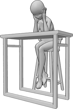 Referência de poses- Pose feminina triste de anime - Uma anime triste está sentada num banco de bar, apoiada na mesa do bar, segurando a cabeça com as duas mãos
