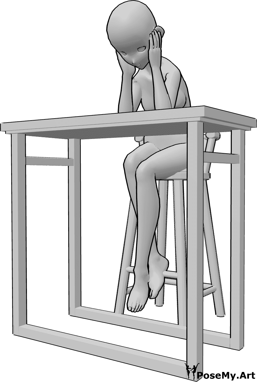 Referencia de poses- Postura triste de mujer anime - Triste mujer anime está sentada en un taburete de bar, apoyada en la mesa del bar, sosteniendo su cabeza con ambas manos