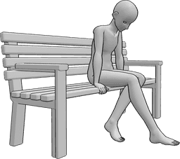 Riferimento alle pose- Uomo triste in posa seduta - Triste maschio anime è seduto da solo su una panchina e guarda verso il basso