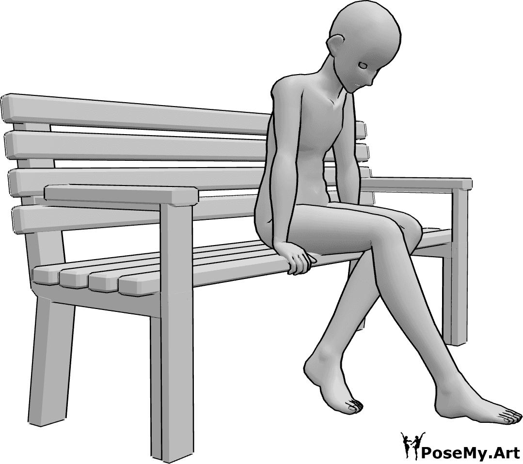 Referência de poses- Homem triste em pose sentada - Homem triste de anime está sentado sozinho num banco e olha para baixo